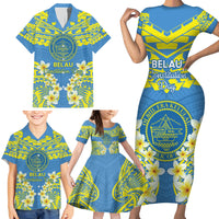 Palau Constitution Day Family Matching Short Sleeve Bodycon Dress and Hawaiian Shirt Belau Seal With Frangipani Polynesian Pattern - Blue LT14 - Polynesian Pride