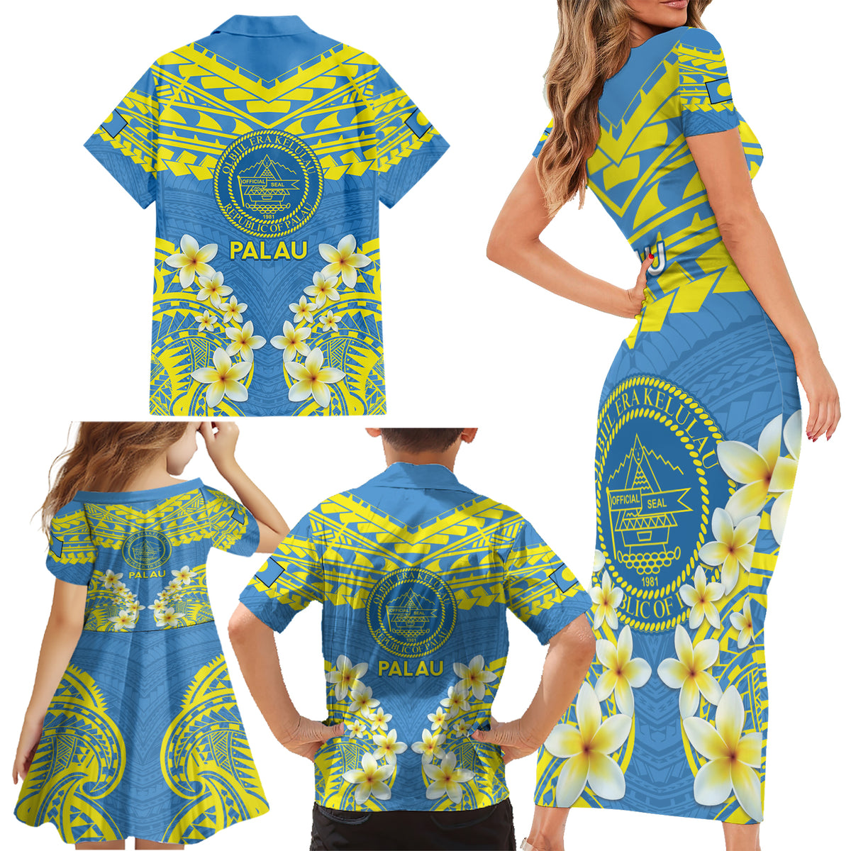 Palau Constitution Day Family Matching Short Sleeve Bodycon Dress and Hawaiian Shirt Belau Seal With Frangipani Polynesian Pattern - Blue LT14 - Polynesian Pride