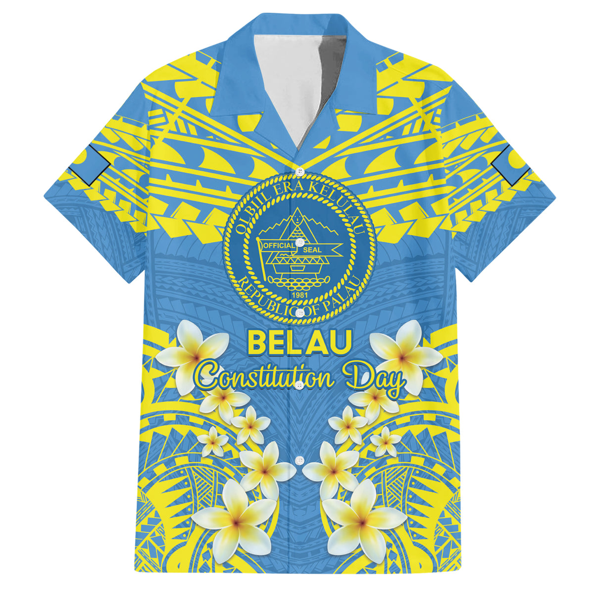 Palau Constitution Day Family Matching Short Sleeve Bodycon Dress and Hawaiian Shirt Belau Seal With Frangipani Polynesian Pattern - Blue LT14 Dad's Shirt - Short Sleeve Blue - Polynesian Pride