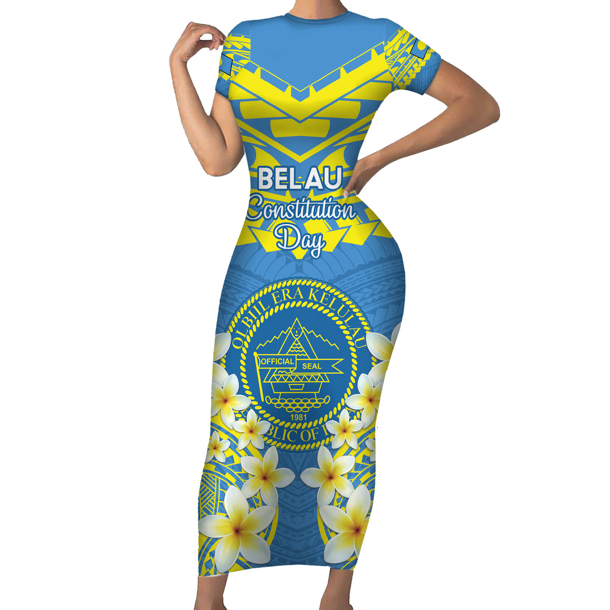 Palau Constitution Day Family Matching Short Sleeve Bodycon Dress and Hawaiian Shirt Belau Seal With Frangipani Polynesian Pattern - Blue LT14 Mom's Dress Blue - Polynesian Pride