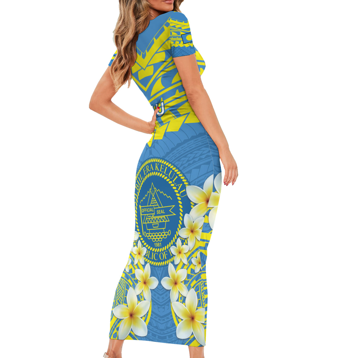 Palau Constitution Day Family Matching Short Sleeve Bodycon Dress and Hawaiian Shirt Belau Seal With Frangipani Polynesian Pattern - Blue LT14 - Polynesian Pride