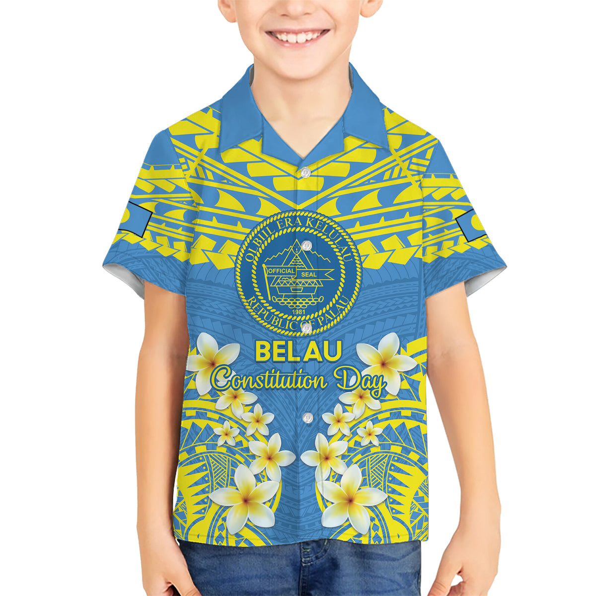 Palau Constitution Day Family Matching Short Sleeve Bodycon Dress and Hawaiian Shirt Belau Seal With Frangipani Polynesian Pattern - Blue LT14 Son's Shirt Blue - Polynesian Pride