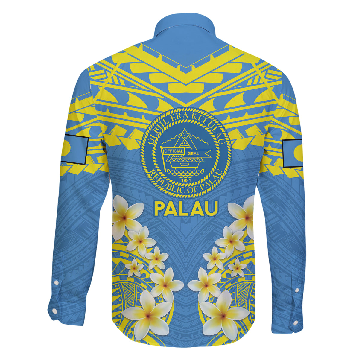 Palau Constitution Day Family Matching Summer Maxi Dress and Hawaiian Shirt Belau Seal With Frangipani Polynesian Pattern - Blue