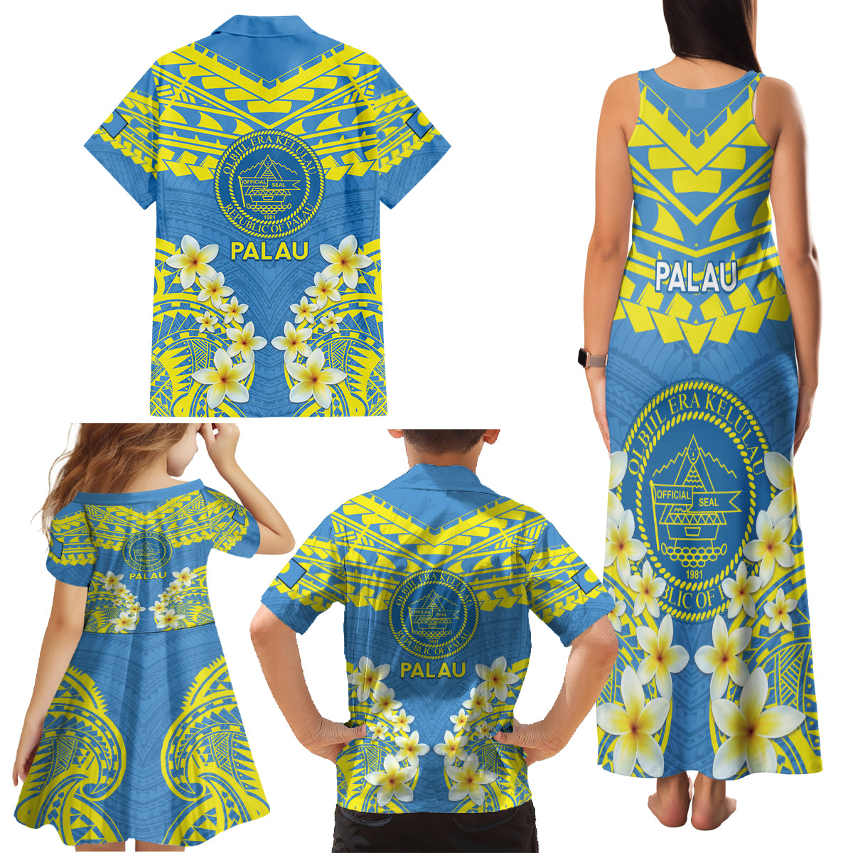 Palau Constitution Day Family Matching Tank Maxi Dress and Hawaiian Shirt Belau Seal With Frangipani Polynesian Pattern - Blue LT14 - Polynesian Pride