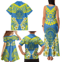Palau Constitution Day Family Matching Tank Maxi Dress and Hawaiian Shirt Belau Seal With Frangipani Polynesian Pattern - Blue LT14 - Polynesian Pride