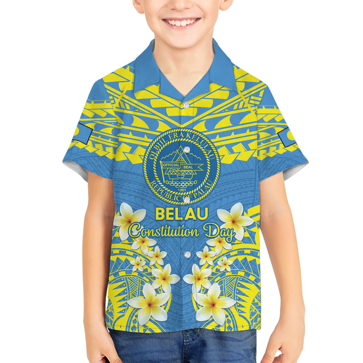 Palau Constitution Day Family Matching Tank Maxi Dress and Hawaiian Shirt Belau Seal With Frangipani Polynesian Pattern - Blue LT14 Son's Shirt Blue - Polynesian Pride