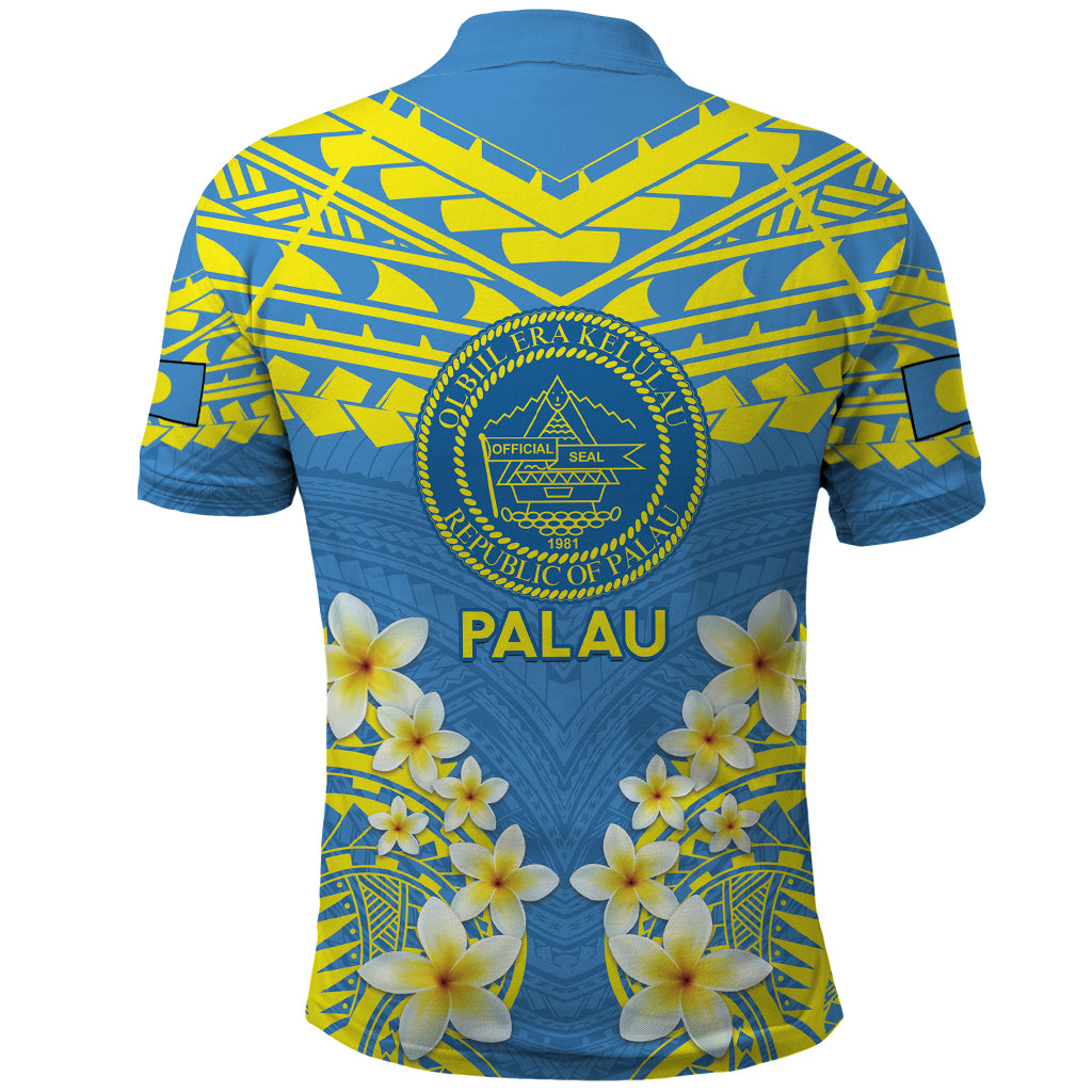 Palau Constitution Day Polo Shirt Belau Seal With Frangipani Polynesian Pattern - Blue