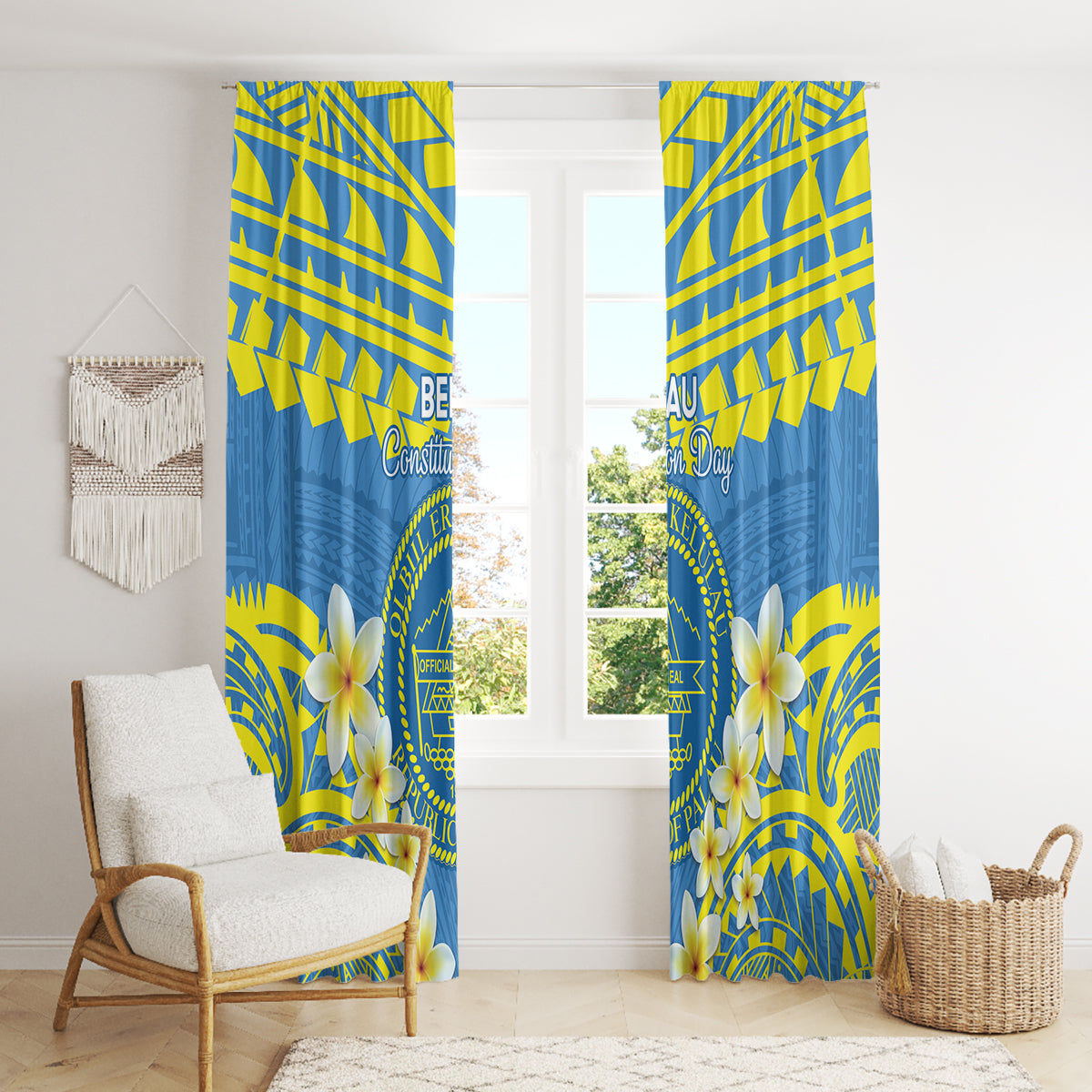 Palau Constitution Day Window Curtain Belau Seal With Frangipani Polynesian Pattern - Blue