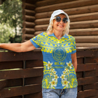 Palau Constitution Day Women Polo Shirt Belau Seal With Frangipani Polynesian Pattern - Blue
