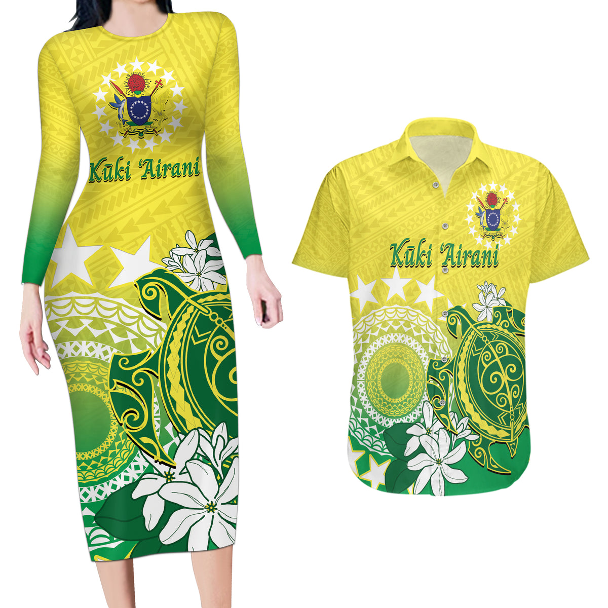 Cook Islands Independence Day Couples Matching Long Sleeve Bodycon Dress and Hawaiian Shirt Kuki Airani Tiare Maori Polynesian Pattern - Green LT14 Green - Polynesian Pride