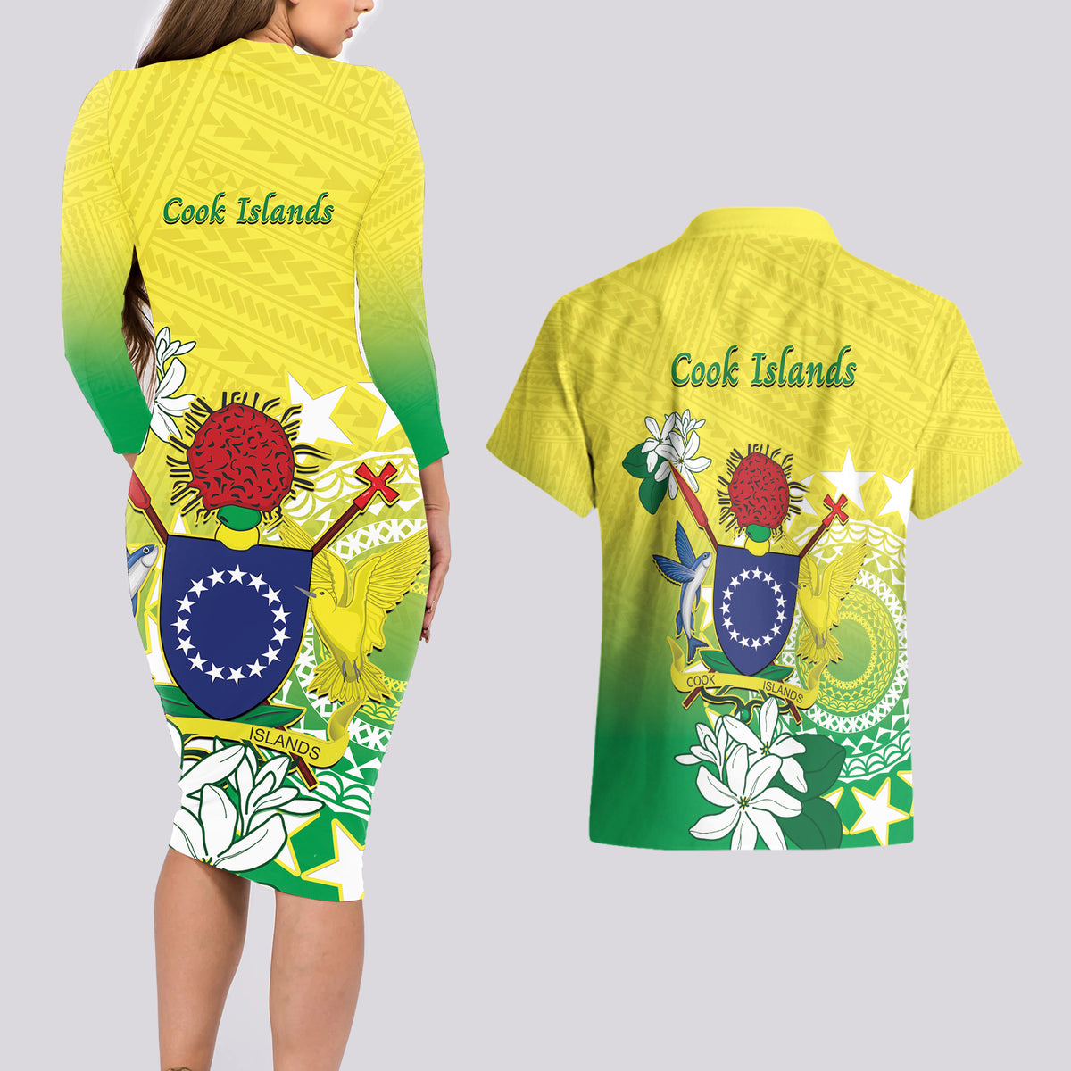 Cook Islands Independence Day Couples Matching Long Sleeve Bodycon Dress and Hawaiian Shirt Kuki Airani Tiare Maori Polynesian Pattern - Green LT14 - Polynesian Pride