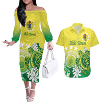 Cook Islands Independence Day Couples Matching Off The Shoulder Long Sleeve Dress and Hawaiian Shirt Kuki Airani Tiare Maori Polynesian Pattern - Green LT14 Green - Polynesian Pride