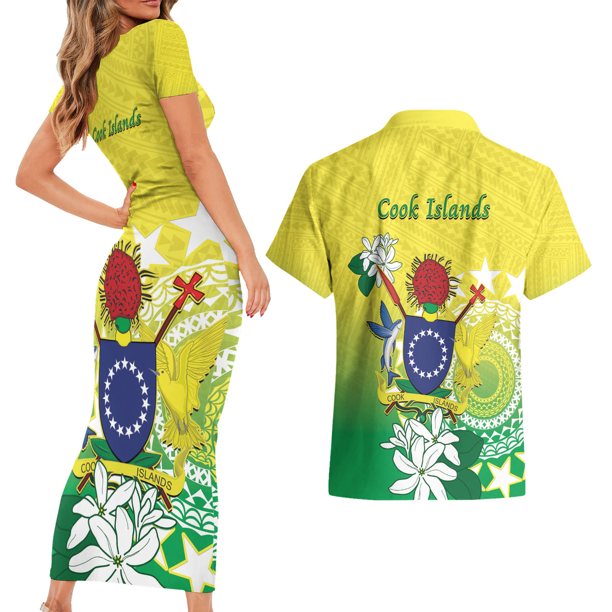 Cook Islands Independence Day Couples Matching Short Sleeve Bodycon Dress and Hawaiian Shirt Kuki Airani Tiare Maori Polynesian Pattern - Green LT14 - Polynesian Pride