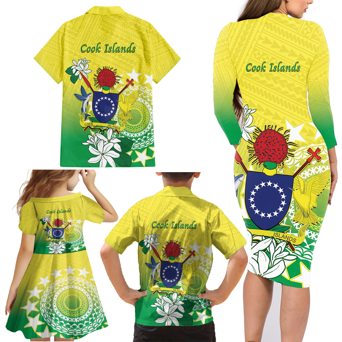 Cook Islands Independence Day Family Matching Long Sleeve Bodycon Dress and Hawaiian Shirt Kuki Airani Tiare Maori Polynesian Pattern - Green LT14 - Polynesian Pride