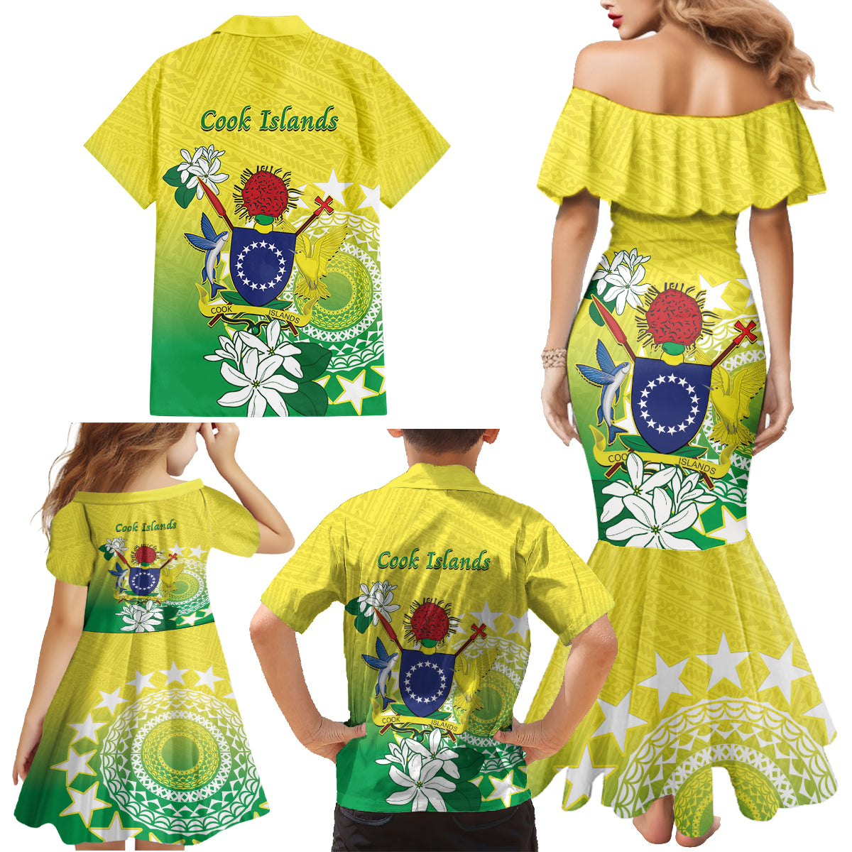 Cook Islands Independence Day Family Matching Mermaid Dress and Hawaiian Shirt Kuki Airani Tiare Maori Polynesian Pattern - Green LT14 - Polynesian Pride