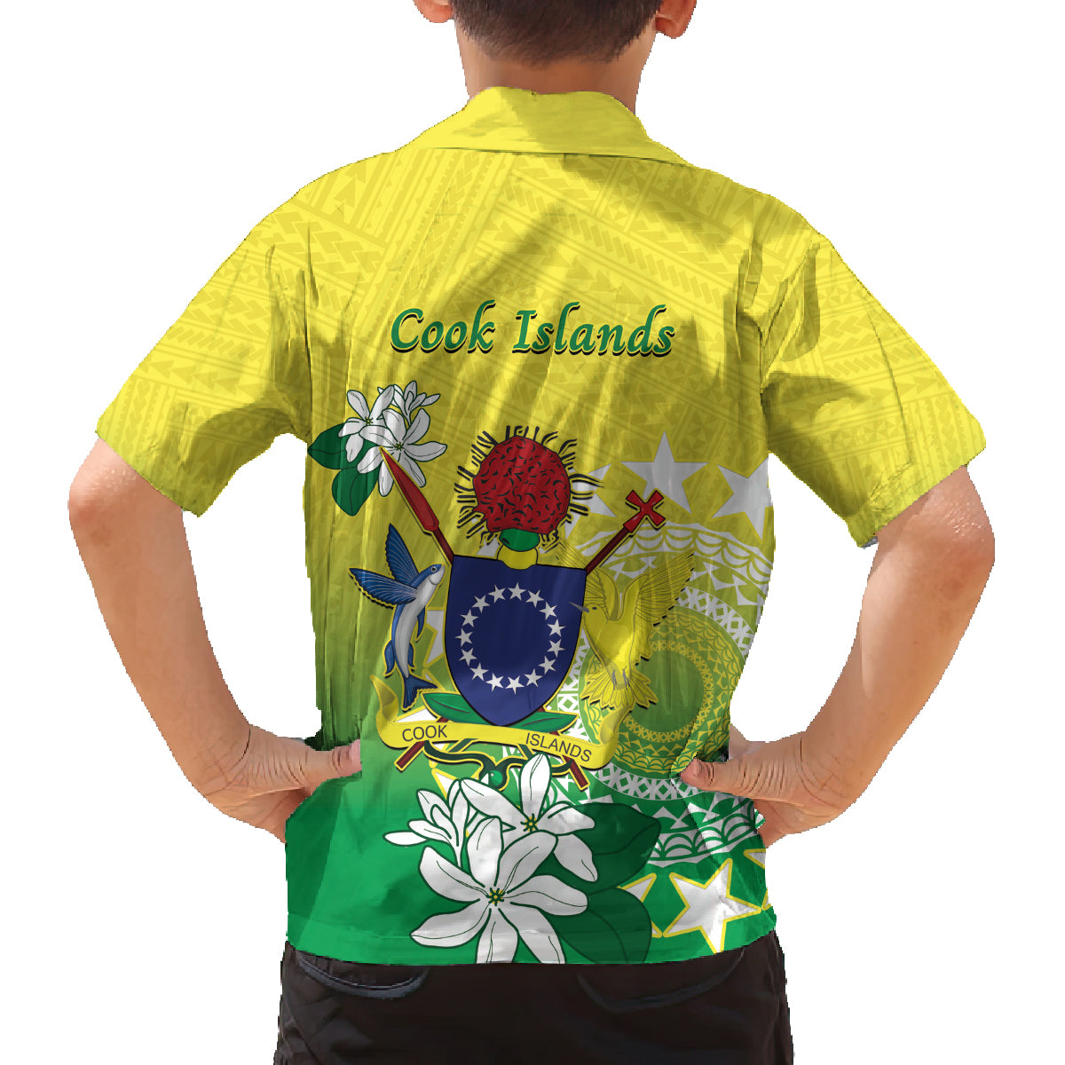 Cook Islands Independence Day Family Matching Off The Shoulder Long Sleeve Dress and Hawaiian Shirt Kuki Airani Tiare Maori Polynesian Pattern - Green LT14 - Polynesian Pride