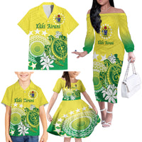 Cook Islands Independence Day Family Matching Off The Shoulder Long Sleeve Dress and Hawaiian Shirt Kuki Airani Tiare Maori Polynesian Pattern - Green LT14 - Polynesian Pride