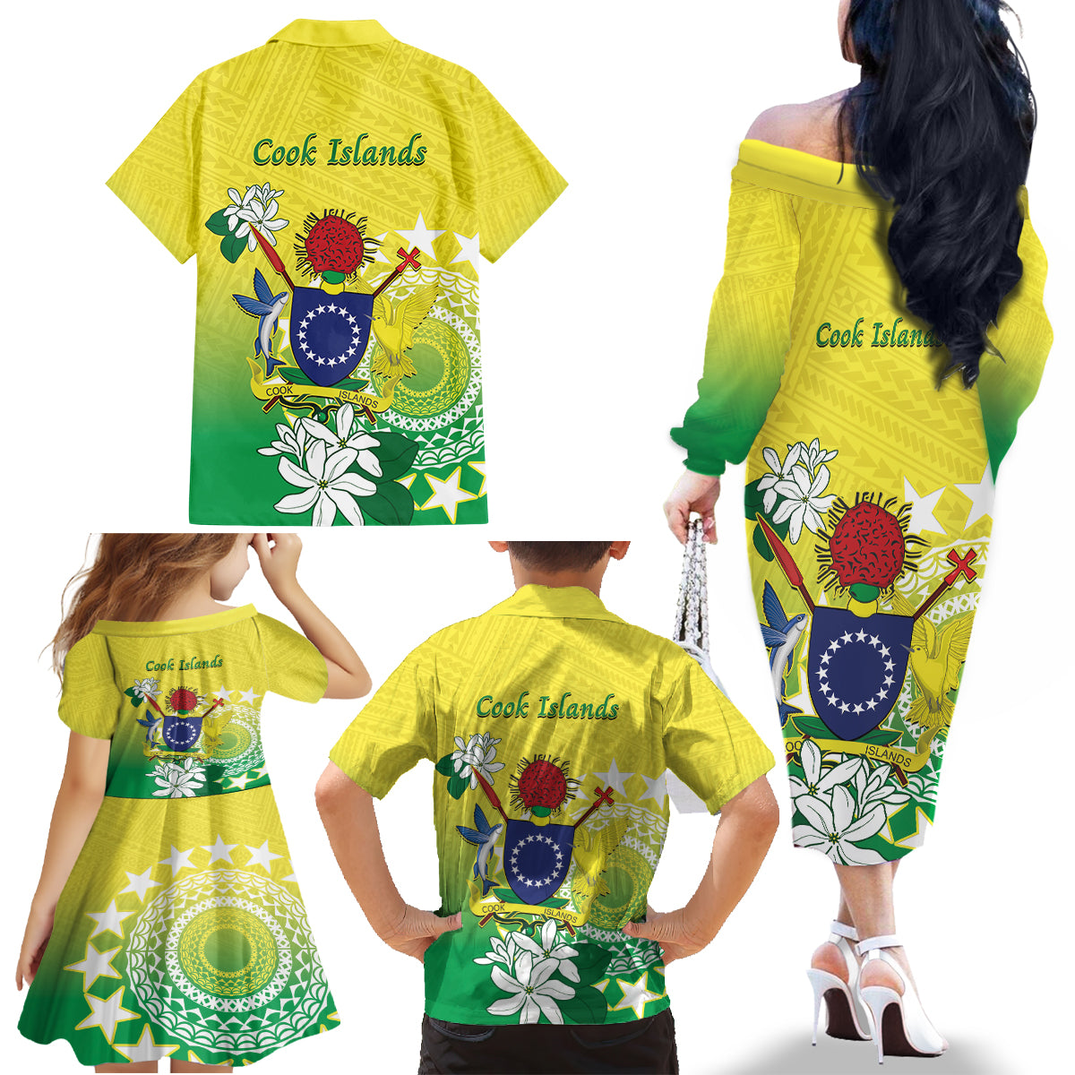 Cook Islands Independence Day Family Matching Off The Shoulder Long Sleeve Dress and Hawaiian Shirt Kuki Airani Tiare Maori Polynesian Pattern - Green LT14 - Polynesian Pride