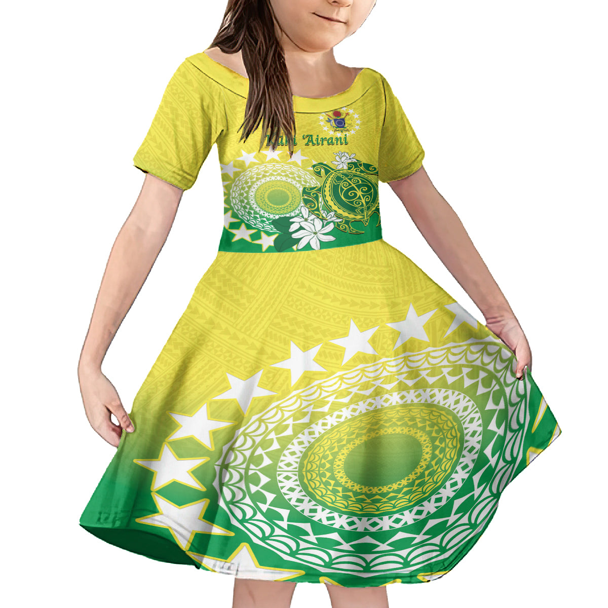 Cook Islands Independence Day Family Matching Off Shoulder Maxi Dress and Hawaiian Shirt Kuki Airani Tiare Maori Polynesian Pattern - Green LT14 Daughter's Dress Green - Polynesian Pride