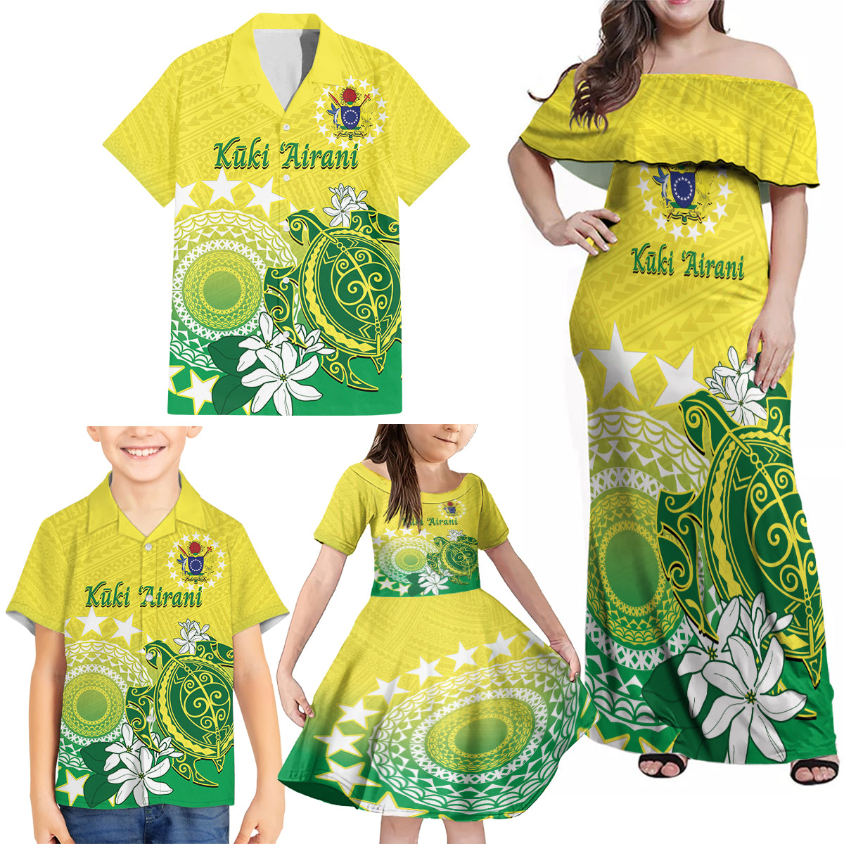 Cook Islands Independence Day Family Matching Off Shoulder Maxi Dress and Hawaiian Shirt Kuki Airani Tiare Maori Polynesian Pattern - Green LT14 - Polynesian Pride