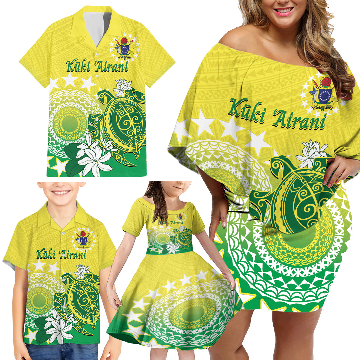 Cook Islands Independence Day Family Matching Off Shoulder Short Dress and Hawaiian Shirt Kuki Airani Tiare Maori Polynesian Pattern - Green LT14 - Polynesian Pride