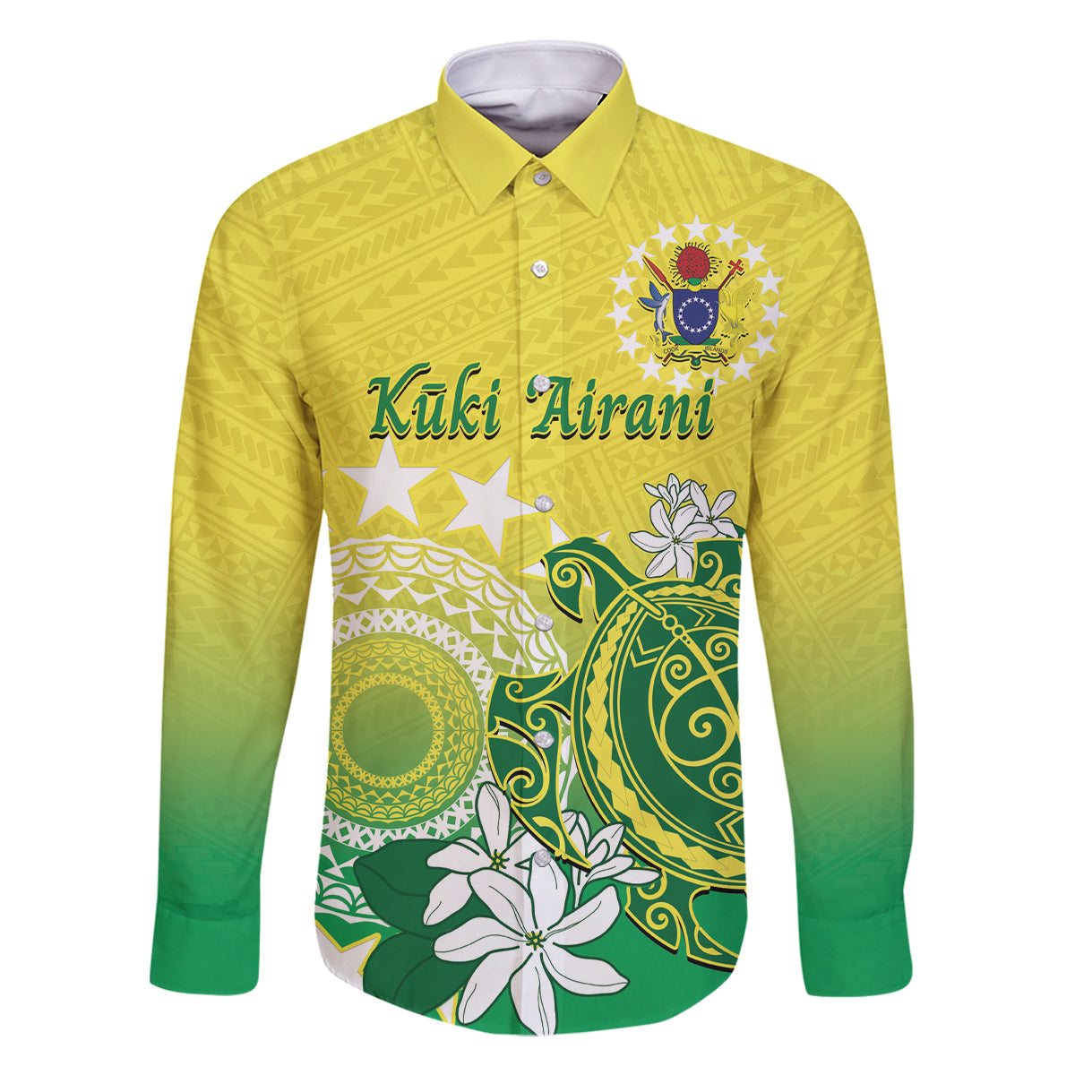 Cook Islands Independence Day Family Matching Off Shoulder Short Dress and Hawaiian Shirt Kuki Airani Tiare Maori Polynesian Pattern - Green LT14 Dad's Shirt - Long Sleeve Green - Polynesian Pride