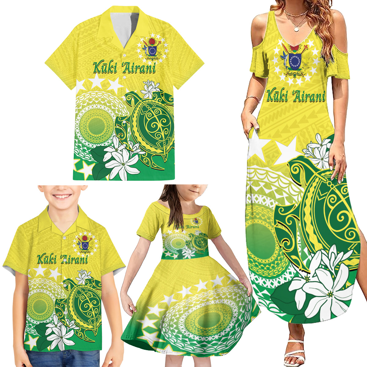 Cook Islands Independence Day Family Matching Summer Maxi Dress and Hawaiian Shirt Kuki Airani Tiare Maori Polynesian Pattern - Green LT14 - Polynesian Pride