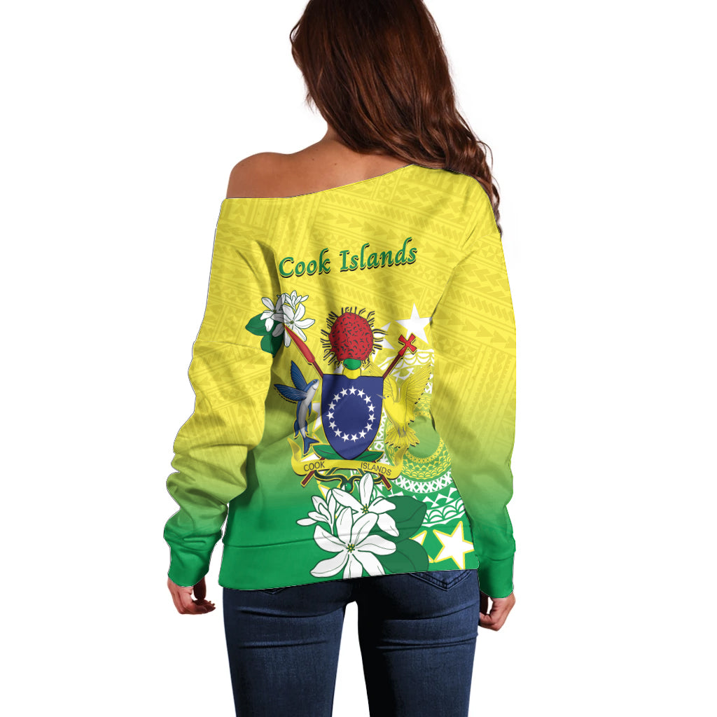 Cook Islands Independence Day Off Shoulder Sweater Kuki Airani Tiare Maori Polynesian Pattern - Green LT14 - Polynesian Pride