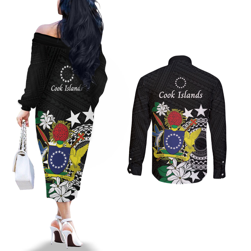 Cook Islands Independence Day Couples Matching Off The Shoulder Long Sleeve Dress and Long Sleeve Button Shirt Kuki Airani Tiare Maori Polynesian Pattern - Black