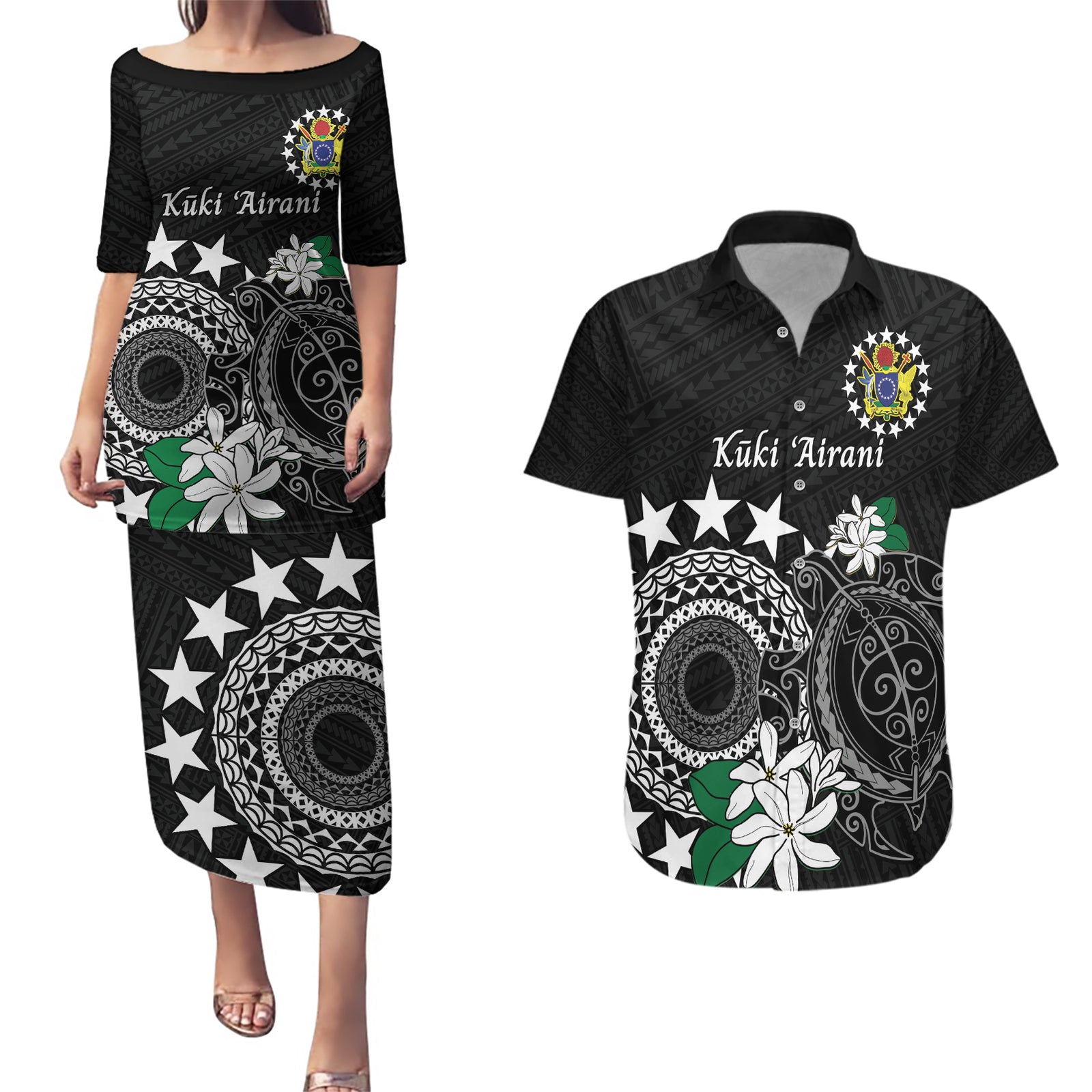 Cook Islands Independence Day Couples Matching Puletasi and Hawaiian Shirt Kuki Airani Tiare Maori Polynesian Pattern - Black