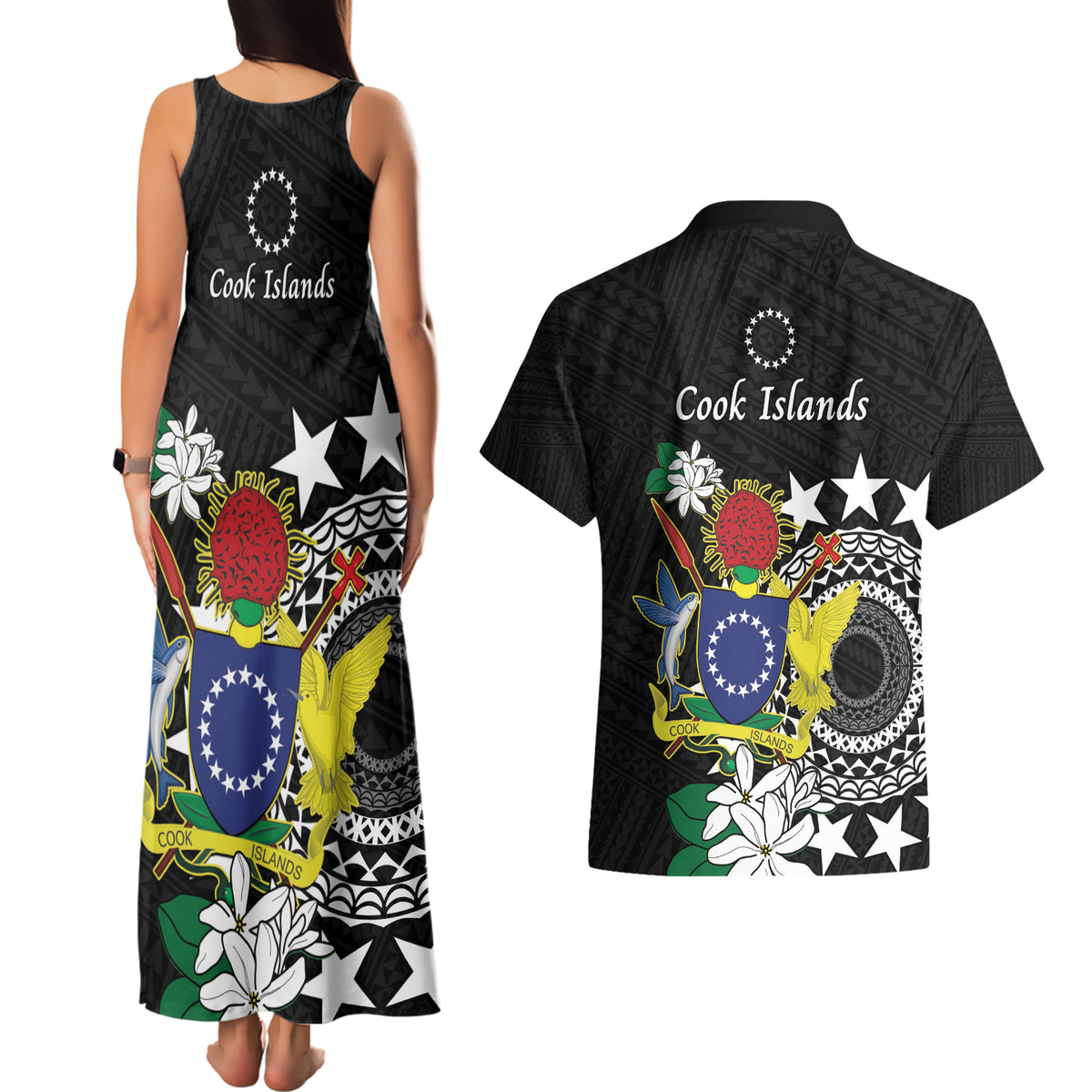 Cook Islands Independence Day Couples Matching Tank Maxi Dress and Hawaiian Shirt Kuki Airani Tiare Maori Polynesian Pattern - Black LT14 - Polynesian Pride