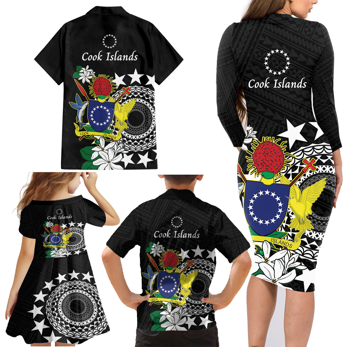 Cook Islands Independence Day Family Matching Long Sleeve Bodycon Dress and Hawaiian Shirt Kuki Airani Tiare Maori Polynesian Pattern - Black LT14 - Polynesian Pride