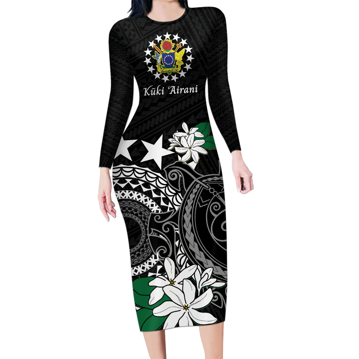 Cook Islands Independence Day Family Matching Long Sleeve Bodycon Dress and Hawaiian Shirt Kuki Airani Tiare Maori Polynesian Pattern - Black LT14 Mom's Dress Black - Polynesian Pride