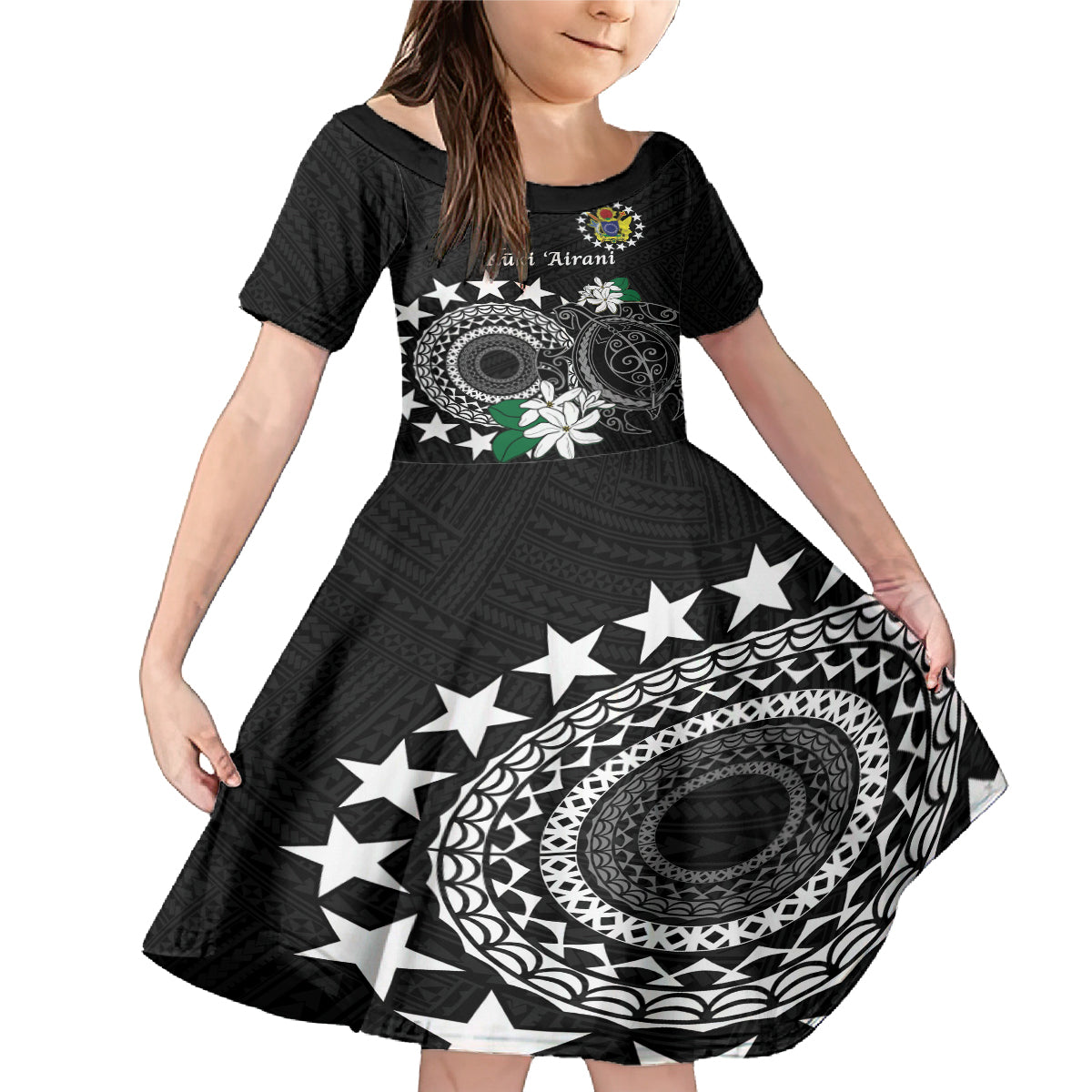 Cook Islands Independence Day Family Matching Mermaid Dress and Hawaiian Shirt Kuki Airani Tiare Maori Polynesian Pattern - Black LT14 Daughter's Dress Black - Polynesian Pride