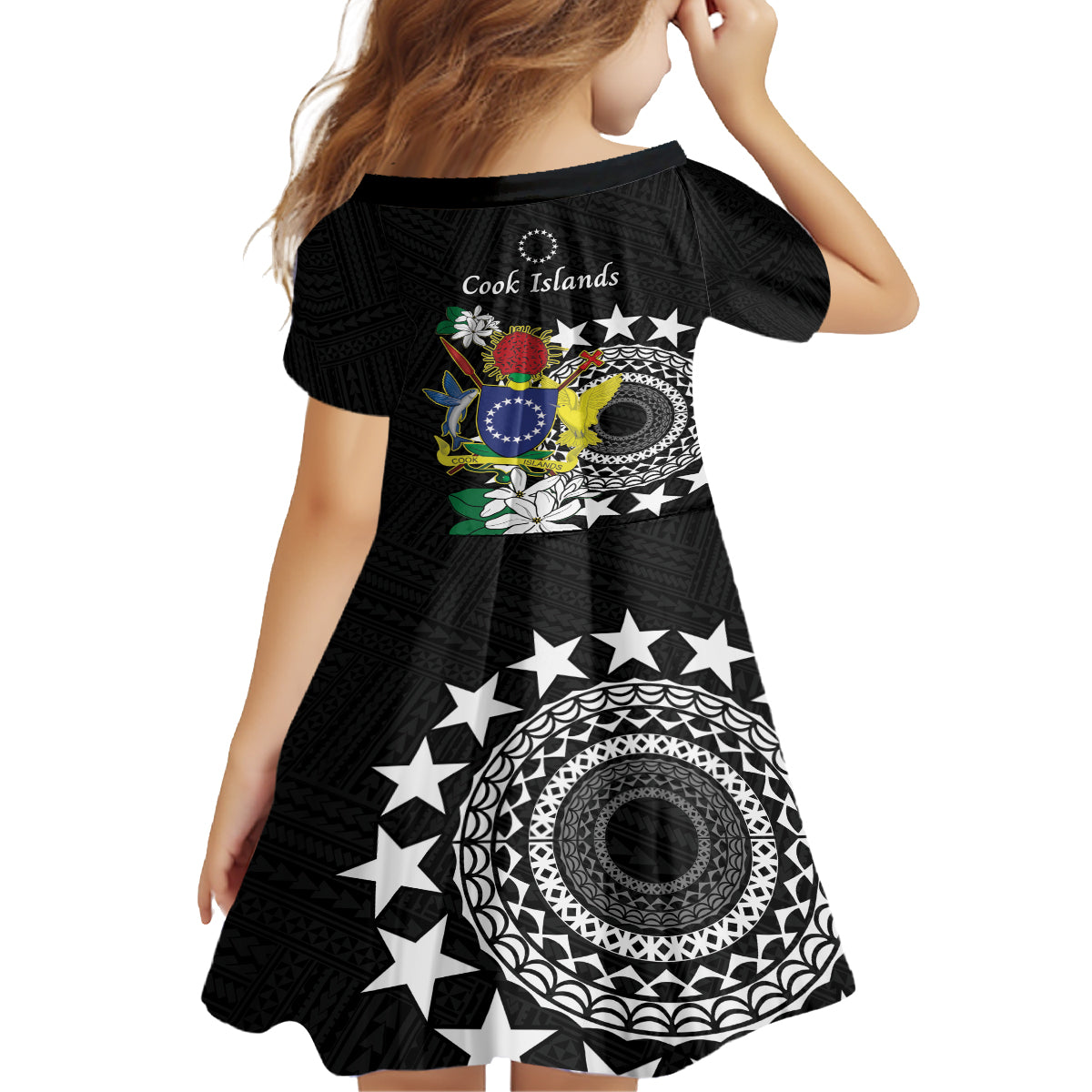 Cook Islands Independence Day Family Matching Off The Shoulder Long Sleeve Dress and Hawaiian Shirt Kuki Airani Tiare Maori Polynesian Pattern - Black LT14 - Polynesian Pride