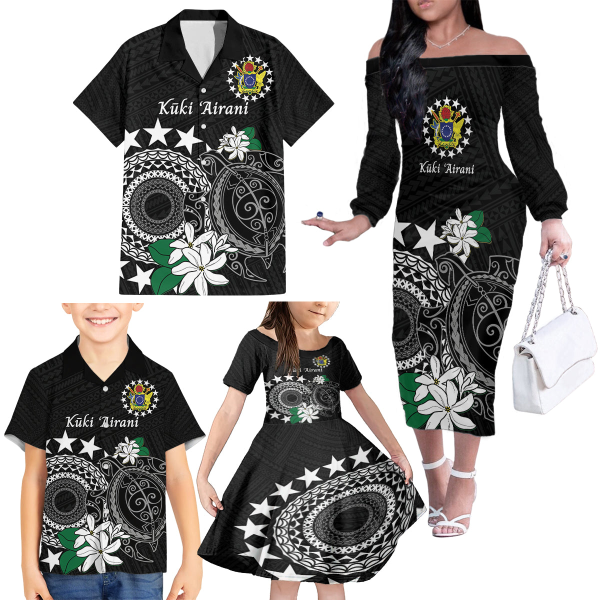 Cook Islands Independence Day Family Matching Off The Shoulder Long Sleeve Dress and Hawaiian Shirt Kuki Airani Tiare Maori Polynesian Pattern - Black LT14 - Polynesian Pride