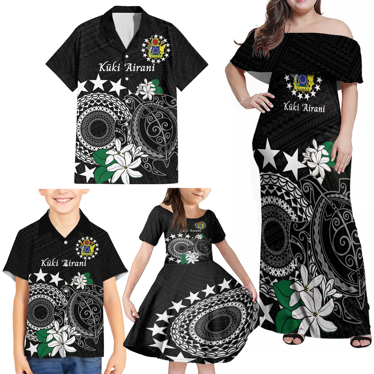 Cook Islands Independence Day Family Matching Off Shoulder Maxi Dress and Hawaiian Shirt Kuki Airani Tiare Maori Polynesian Pattern - Black LT14 - Polynesian Pride