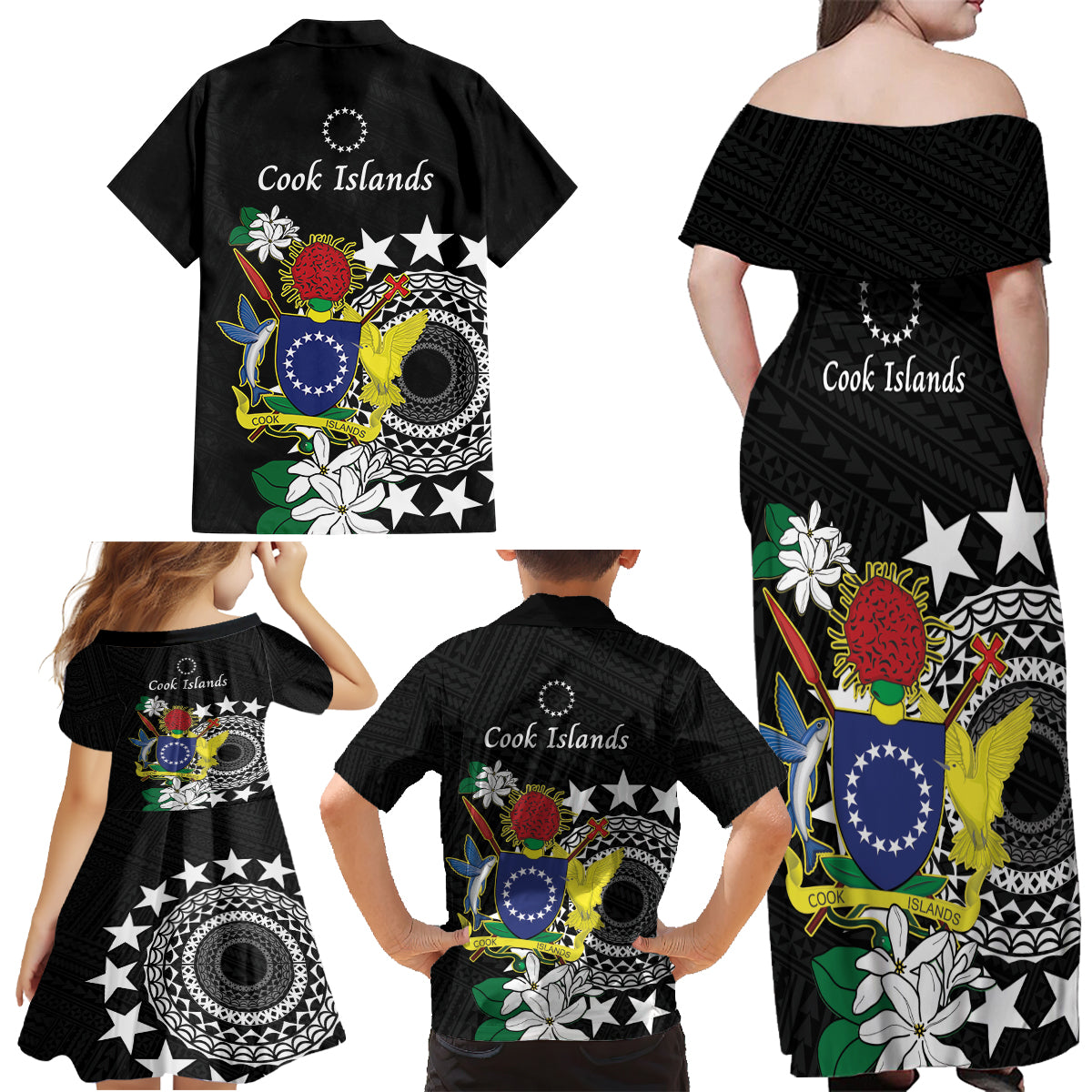 Cook Islands Independence Day Family Matching Off Shoulder Maxi Dress and Hawaiian Shirt Kuki Airani Tiare Maori Polynesian Pattern - Black LT14 - Polynesian Pride