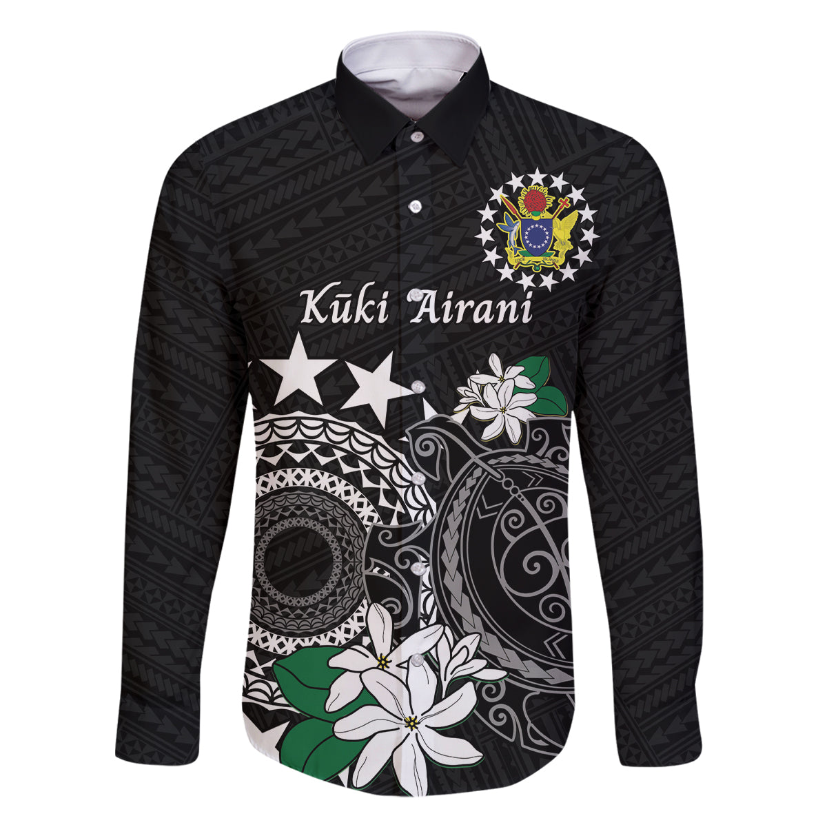 Cook Islands Independence Day Family Matching Off Shoulder Maxi Dress and Hawaiian Shirt Kuki Airani Tiare Maori Polynesian Pattern - Black LT14 Dad's Shirt - Long Sleeve Black - Polynesian Pride