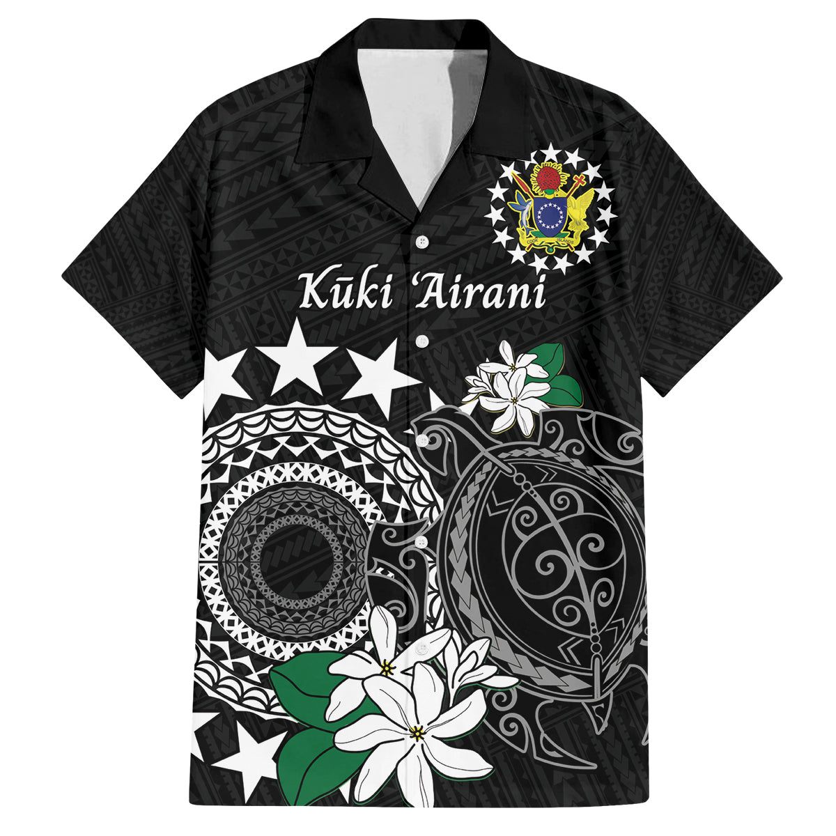 Cook Islands Independence Day Family Matching Off Shoulder Short Dress and Hawaiian Shirt Kuki Airani Tiare Maori Polynesian Pattern - Black LT14 Dad's Shirt - Short Sleeve Black - Polynesian Pride