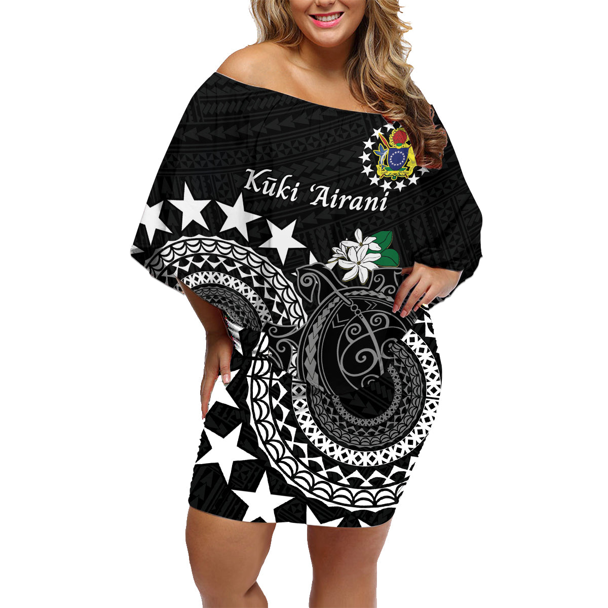 Cook Islands Independence Day Family Matching Off Shoulder Short Dress and Hawaiian Shirt Kuki Airani Tiare Maori Polynesian Pattern - Black LT14 Mom's Dress Black - Polynesian Pride