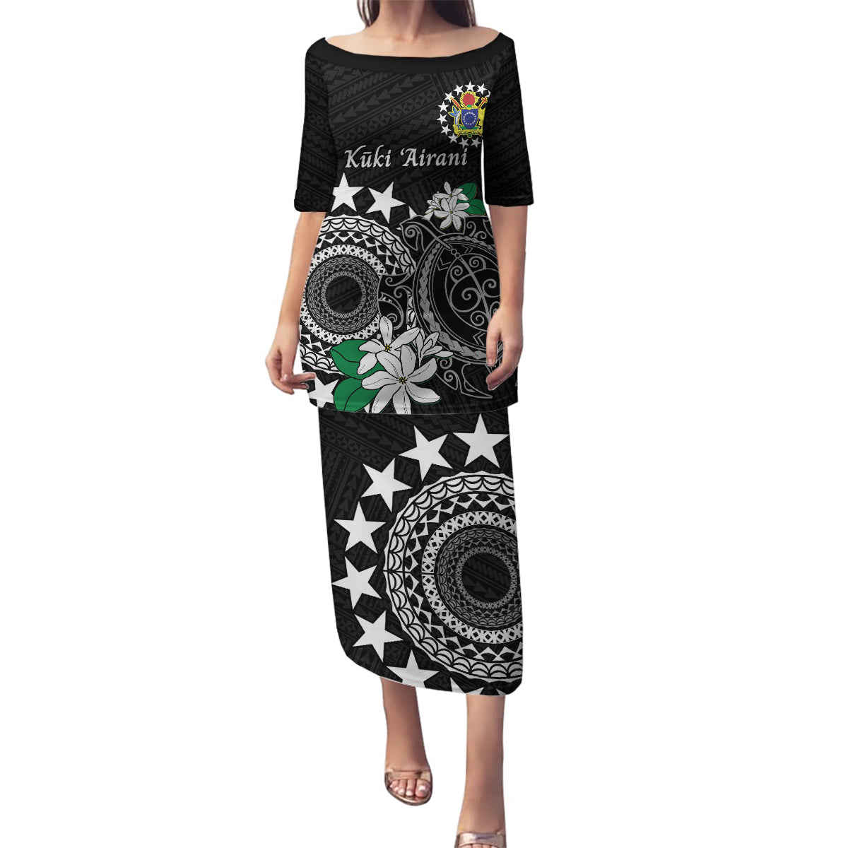 Cook Islands Independence Day Family Matching Puletasi and Hawaiian Shirt Kuki Airani Tiare Maori Polynesian Pattern - Black