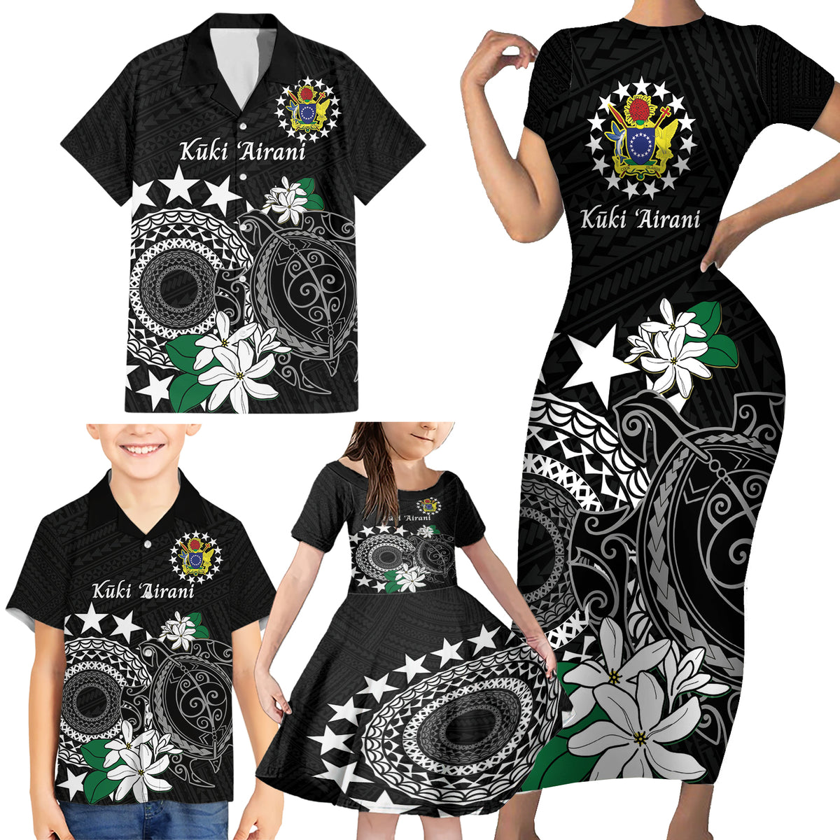Cook Islands Independence Day Family Matching Short Sleeve Bodycon Dress and Hawaiian Shirt Kuki Airani Tiare Maori Polynesian Pattern - Black LT14 - Polynesian Pride