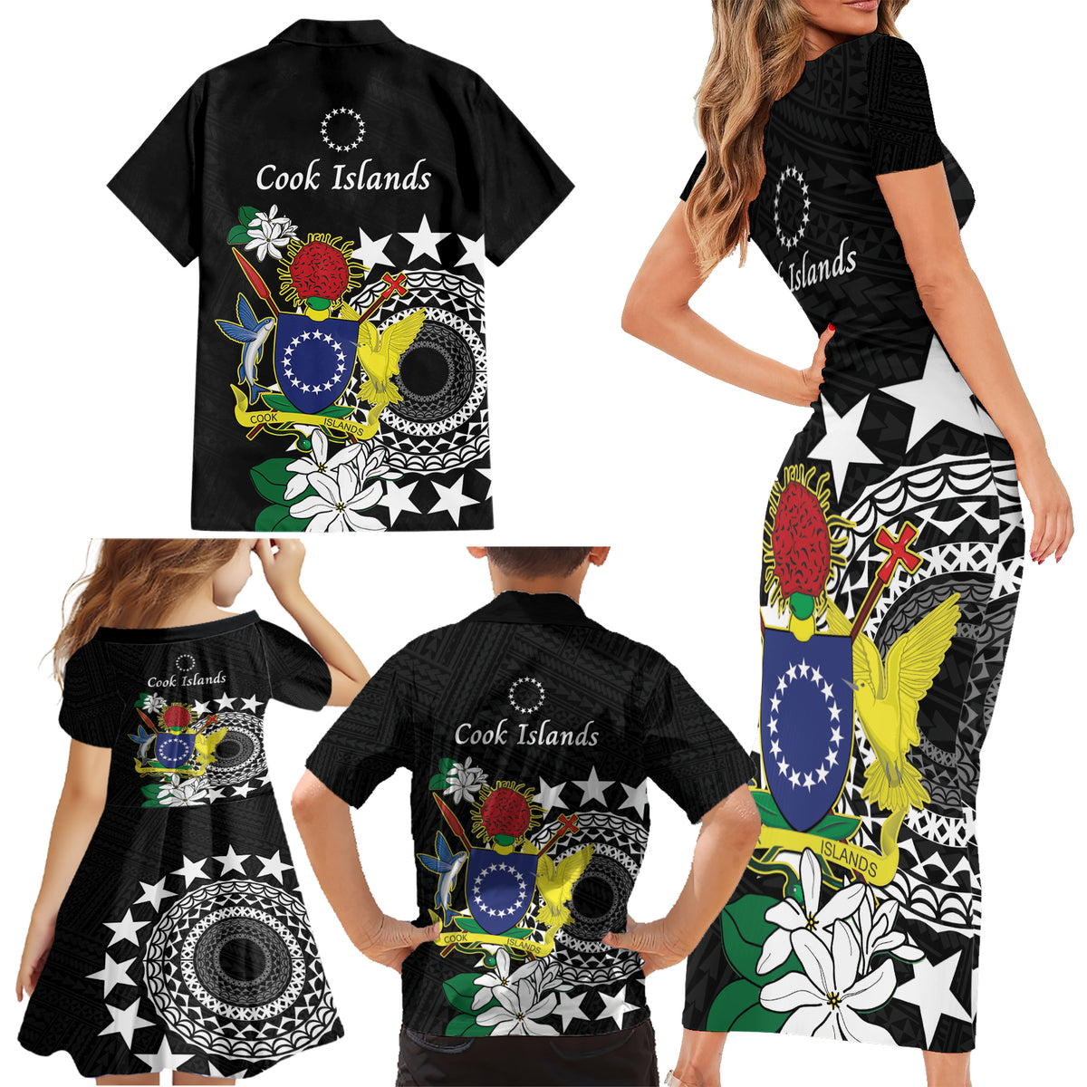 Cook Islands Independence Day Family Matching Short Sleeve Bodycon Dress and Hawaiian Shirt Kuki Airani Tiare Maori Polynesian Pattern - Black LT14 - Polynesian Pride