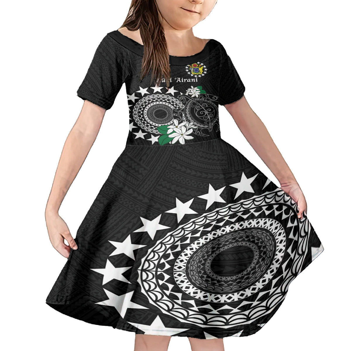 Cook Islands Independence Day Family Matching Summer Maxi Dress and Hawaiian Shirt Kuki Airani Tiare Maori Polynesian Pattern - Black LT14 Daughter's Dress Black - Polynesian Pride
