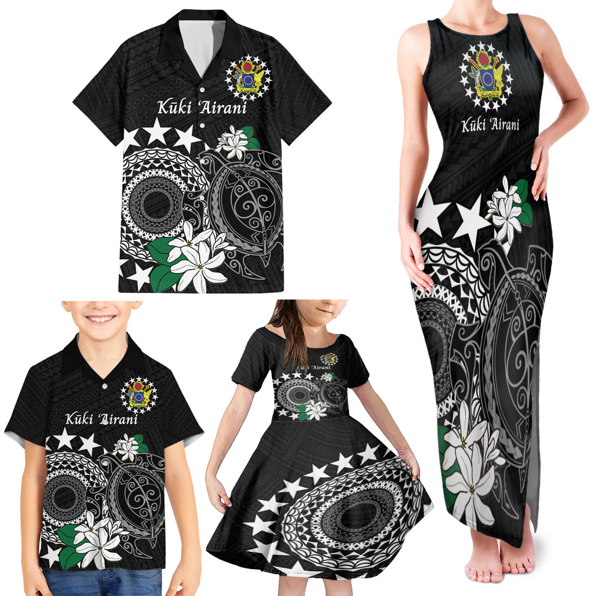 Cook Islands Independence Day Family Matching Tank Maxi Dress and Hawaiian Shirt Kuki Airani Tiare Maori Polynesian Pattern - Black LT14 - Polynesian Pride