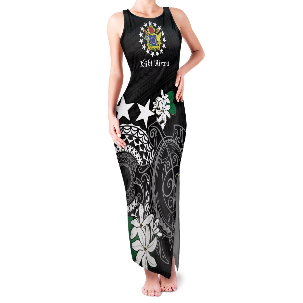 Cook Islands Independence Day Family Matching Tank Maxi Dress and Hawaiian Shirt Kuki Airani Tiare Maori Polynesian Pattern - Black LT14 Mom's Dress Black - Polynesian Pride