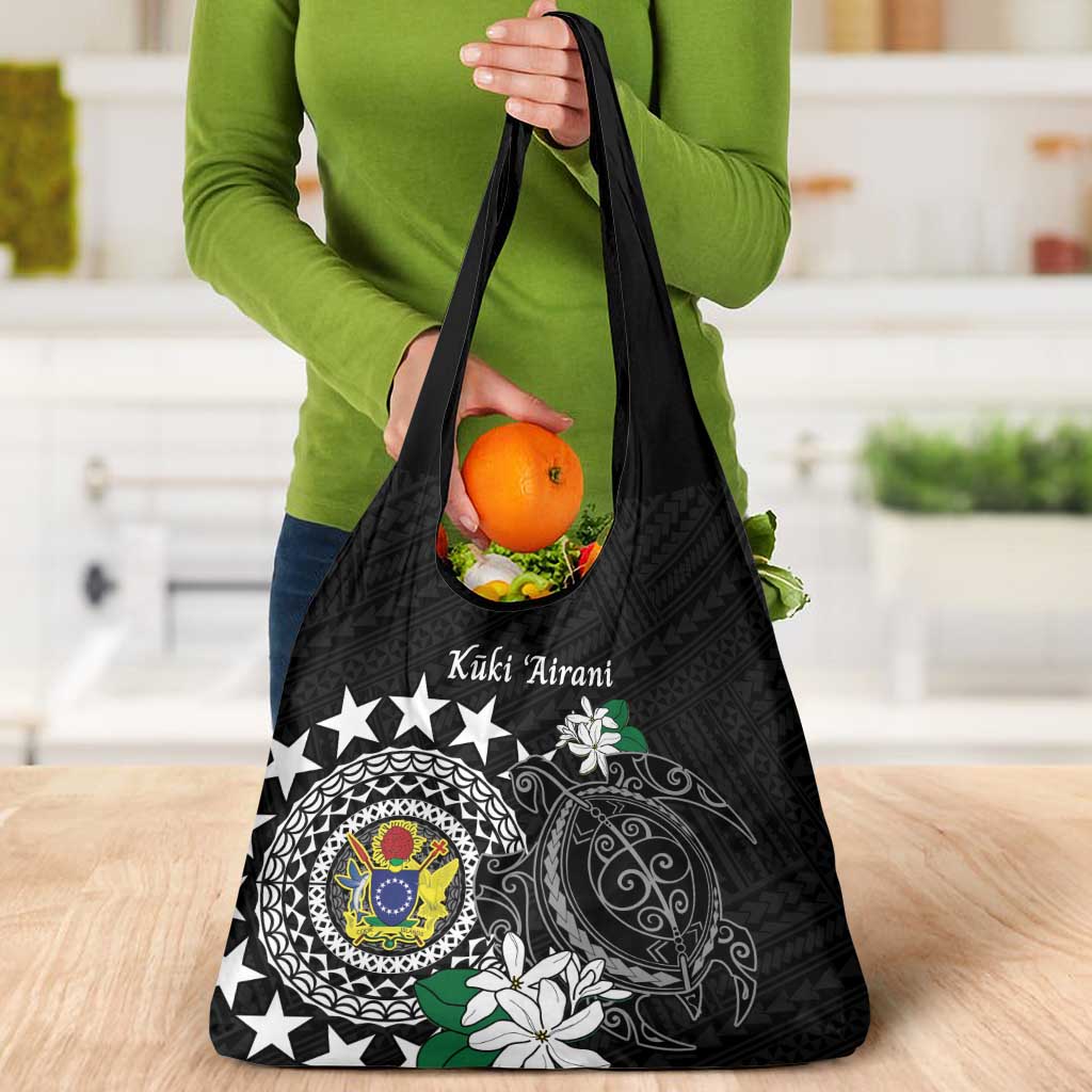 Cook Islands Independence Day Grocery Bag Kuki Airani Tiare Maori Polynesian Pattern - Black