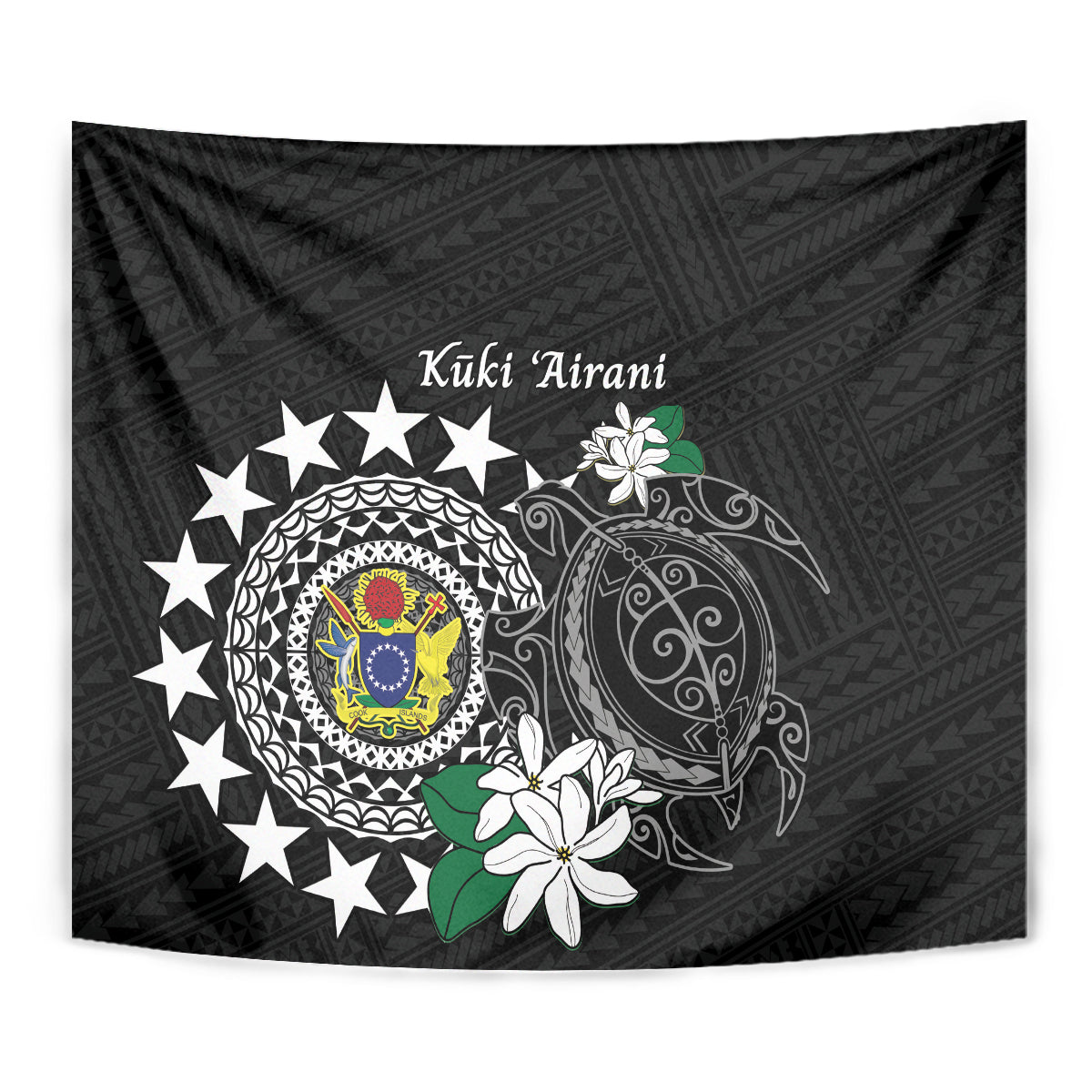 Cook Islands Independence Day Tapestry Kuki Airani Tiare Maori Polynesian Pattern - Black