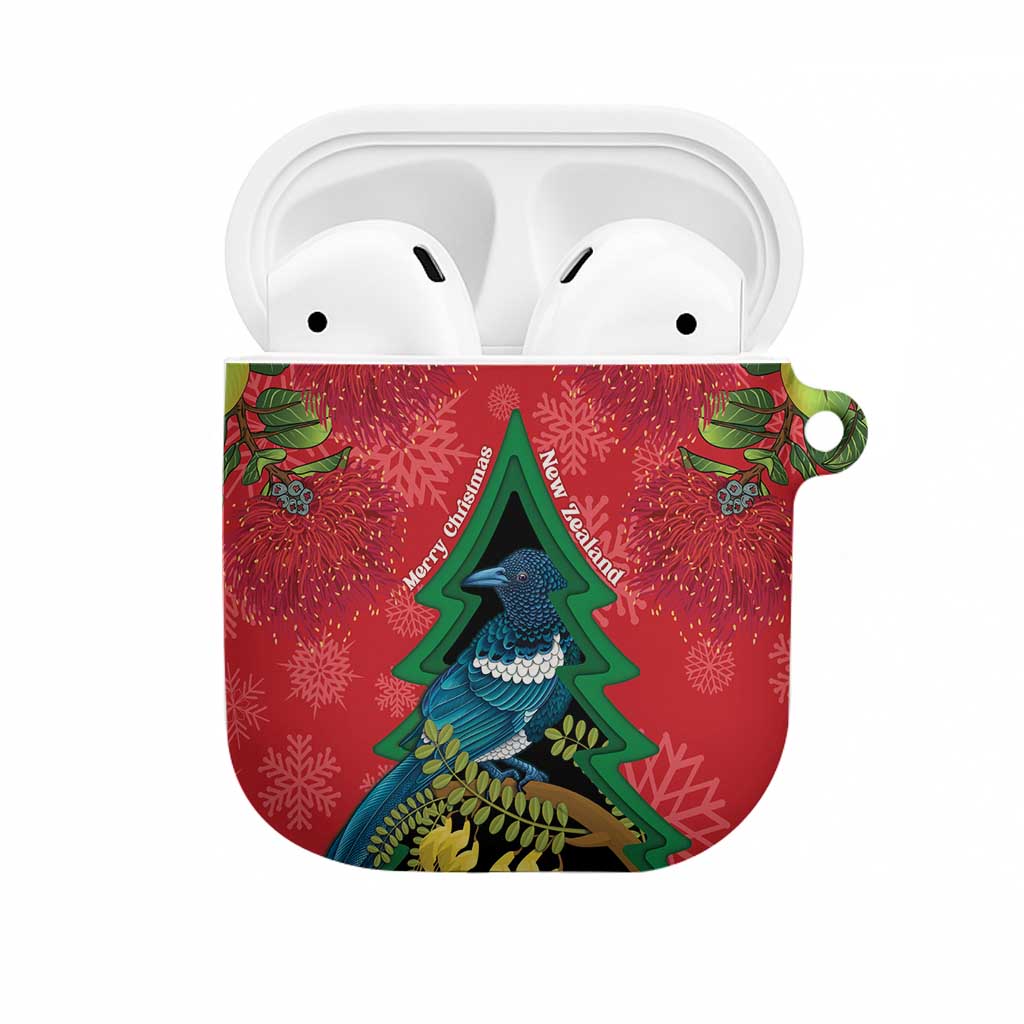 New Zealand Christmas In July AirPods Case Kowhai Tui Bird With Pohutukawa - Red LT14 Red - Polynesian Pride